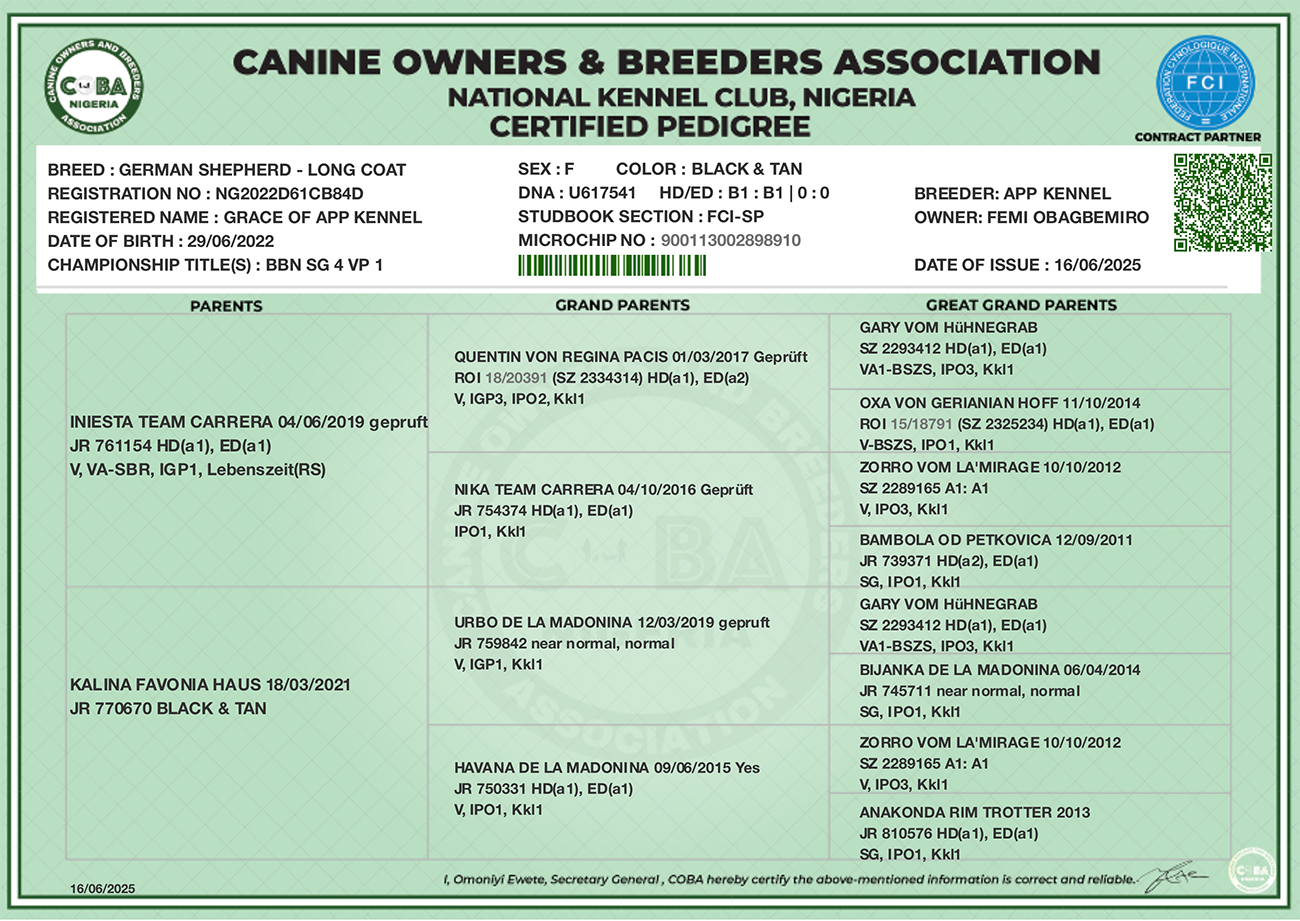 Pedigree Certificate